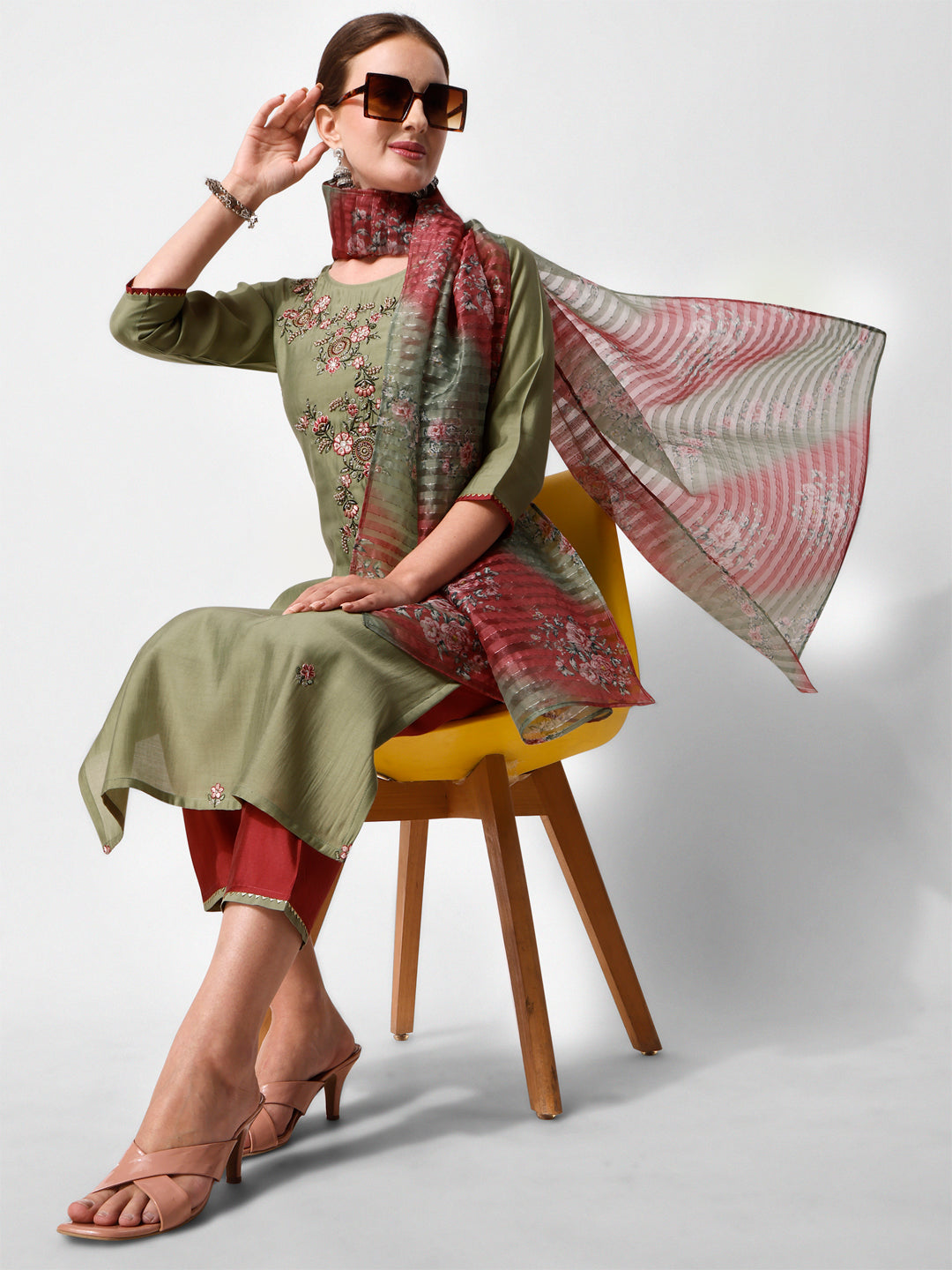 Green Embroidered Kurta Pant & Printed Dupatta Set, Multicolor - Hiral Fashion | Grocsy