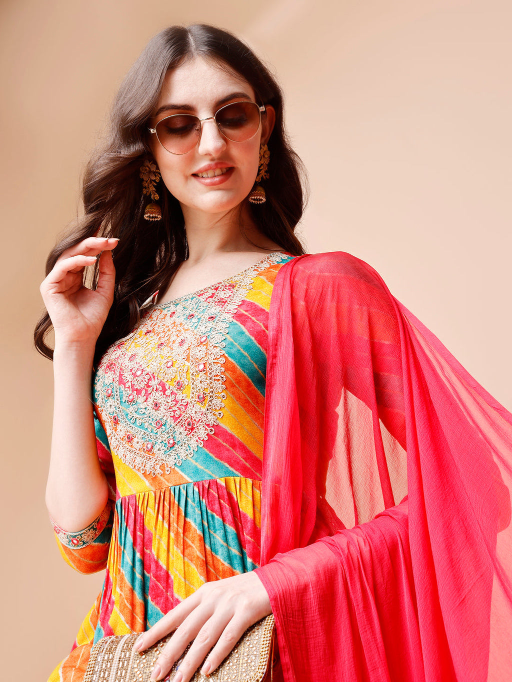 Nyra Cut Embroidered Multi Coloured Kurta With Pant & Dupatta, Multicolor - Hiral Fashion | Grocsy