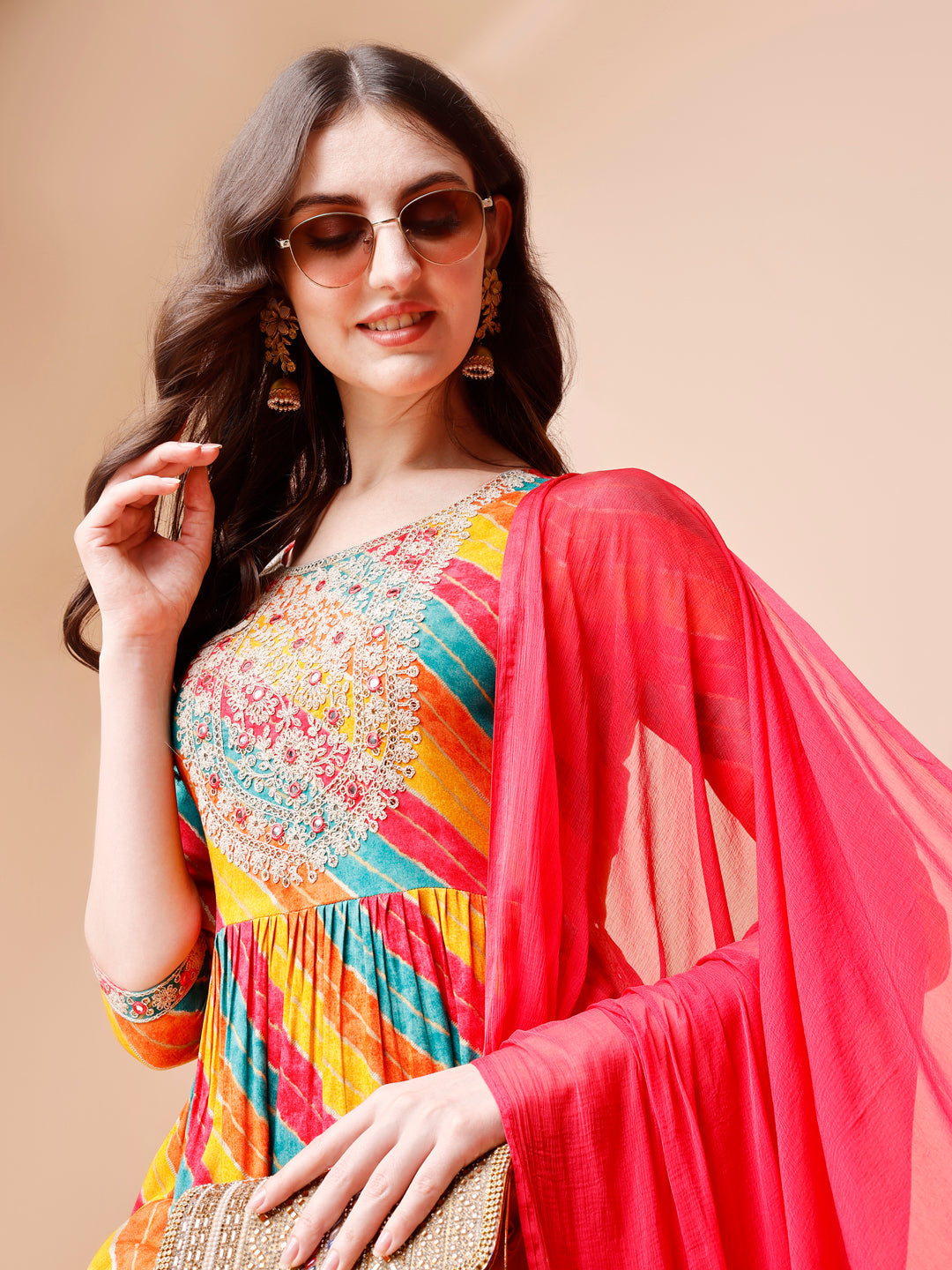 Nyra Cut Embroidered Multi Coloured Kurta With Pant & Dupatta, Multicolor - Hiral Fashion | Grocsy