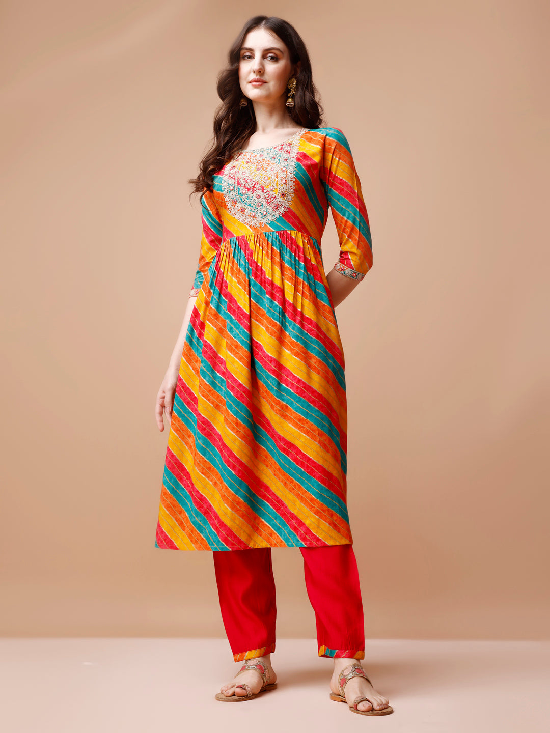 Nyra Cut Embroidered Multi Coloured Kurta With Pant & Dupatta, Multicolor - Hiral Fashion | Grocsy