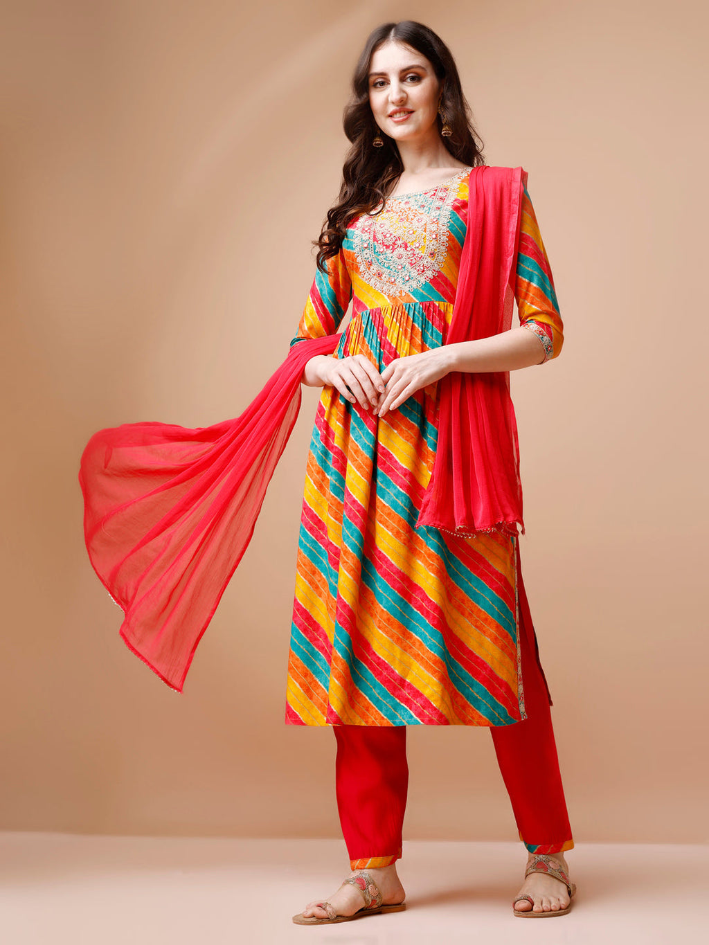 Nyra Cut Embroidered Multi Coloured Kurta With Pant & Dupatta, Multicolor - Hiral Fashion | Grocsy