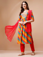 Nyra Cut Embroidered Multi Coloured Kurta With Pant & Dupatta, Multicolor - Hiral Fashion | Grocsy