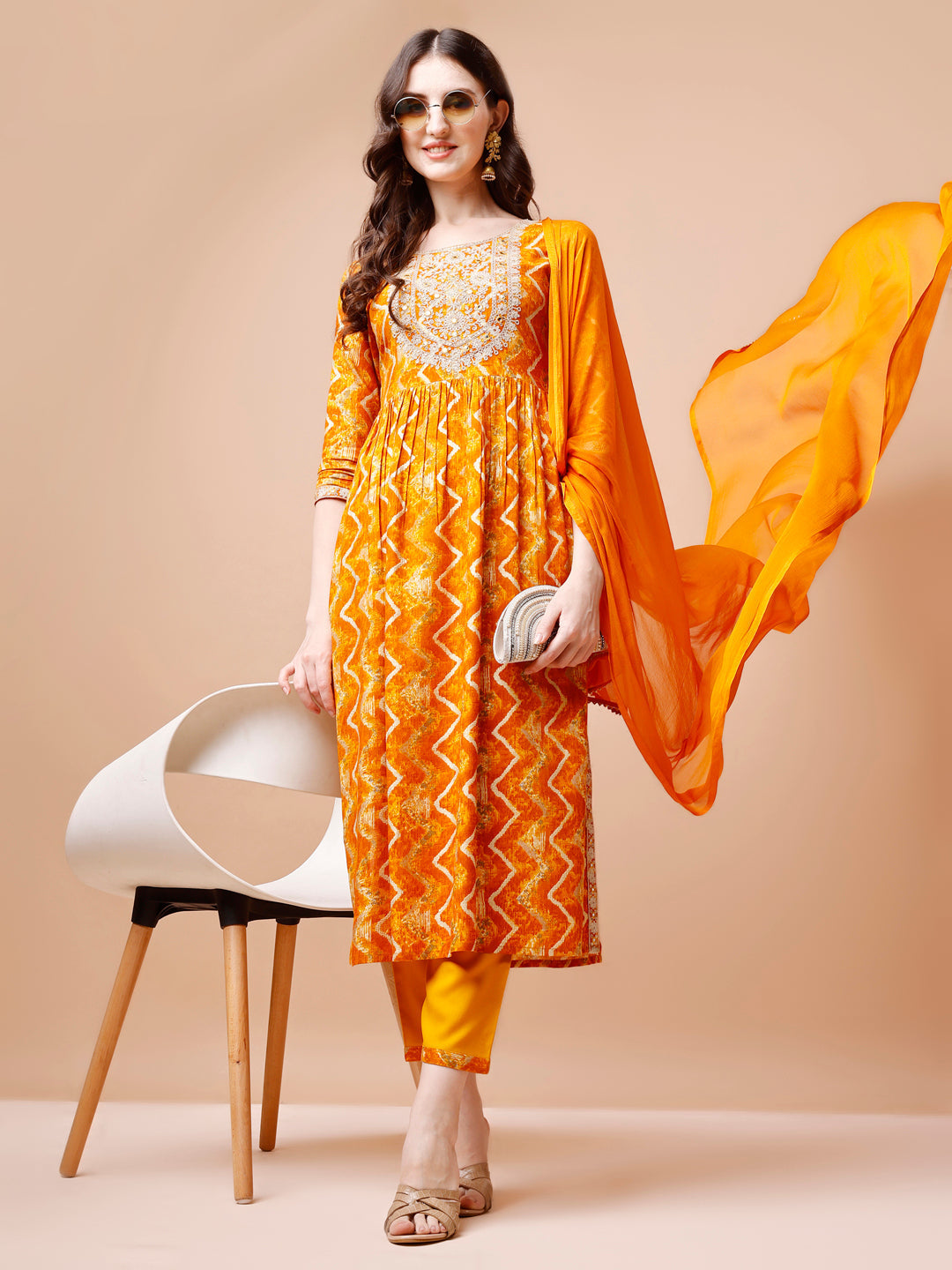 Nyra Cut Embroidered & Chevron Printed Kurta With Pant & Dupatta, Multicolor - Hiral Fashion | Grocsy