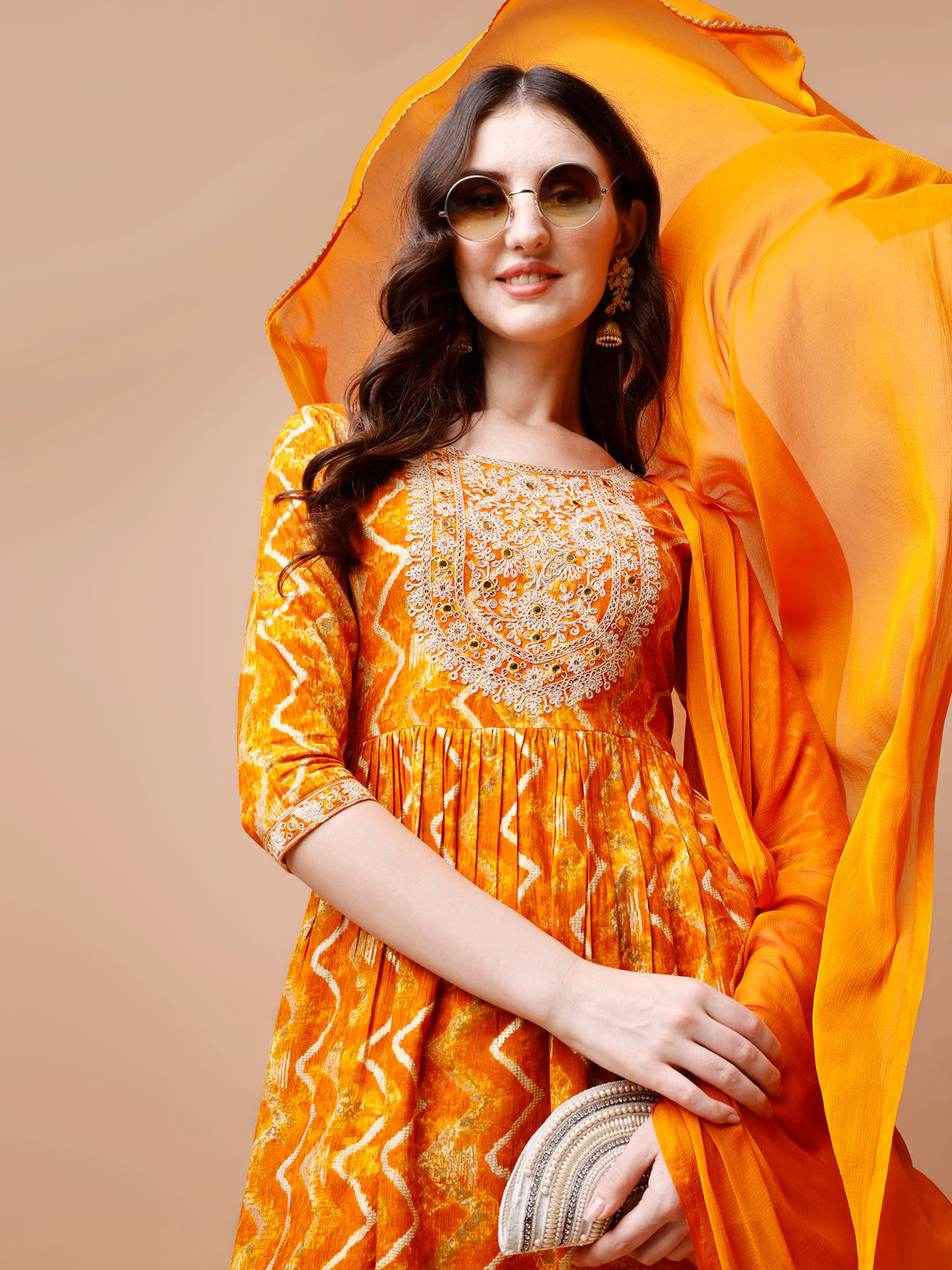 Nyra Cut Embroidered & Chevron Printed Kurta With Pant & Dupatta, Multicolor - Hiral Fashion | Grocsy