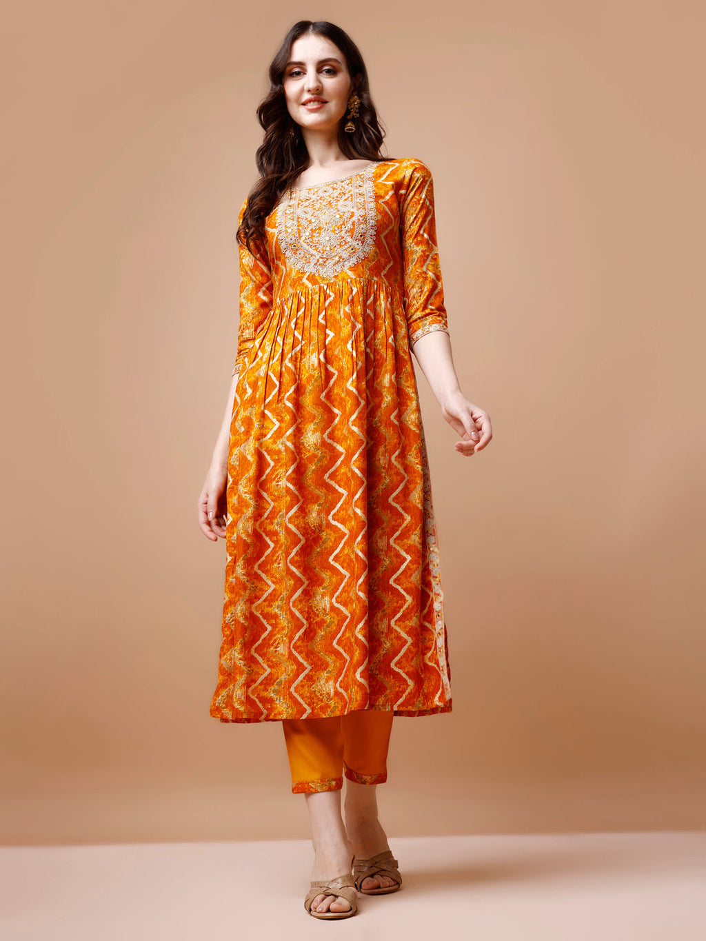 Nyra Cut Embroidered & Chevron Printed Kurta With Pant & Dupatta, Multicolor - Hiral Fashion | Grocsy