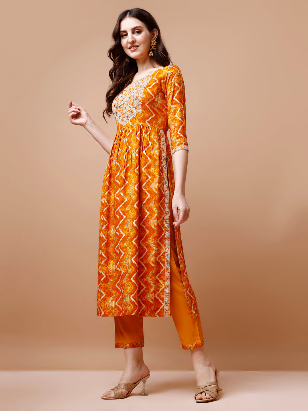 Nyra Cut Embroidered & Chevron Printed Kurta With Pant & Dupatta, Multicolor - Hiral Fashion | Grocsy