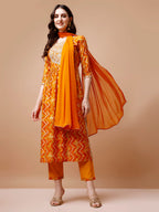 Nyra Cut Embroidered & Chevron Printed Kurta With Pant & Dupatta, Multicolor - Hiral Fashion | Grocsy