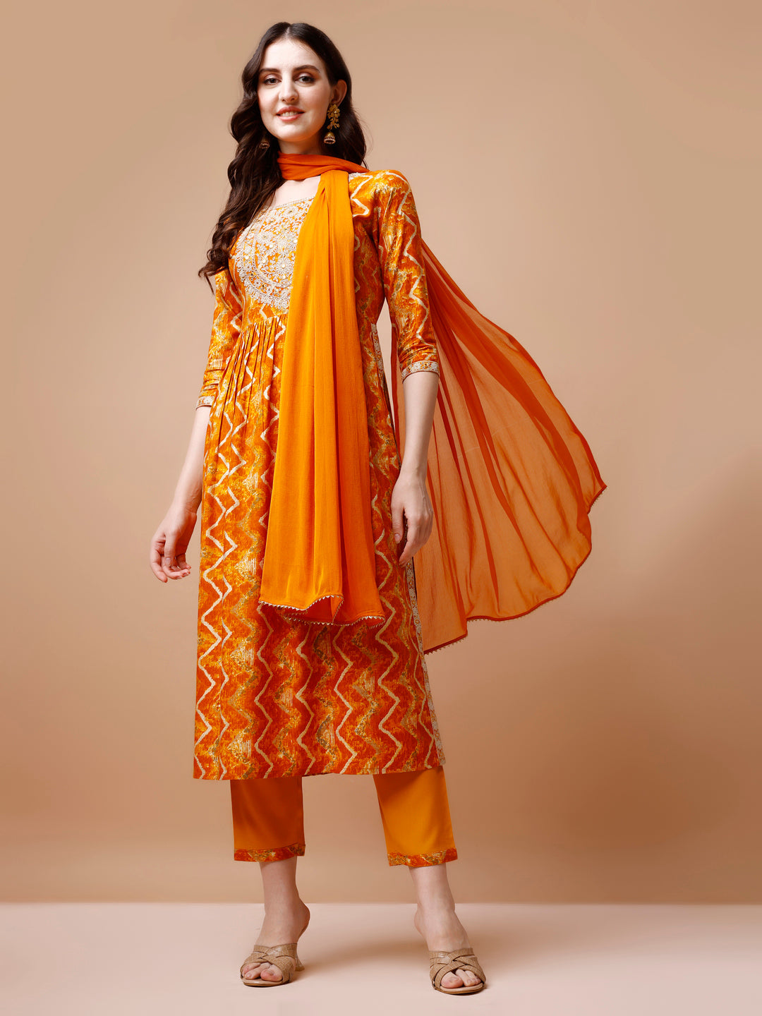 Nyra Cut Embroidered & Chevron Printed Kurta With Pant & Dupatta, Multicolor - Hiral Fashion | Grocsy