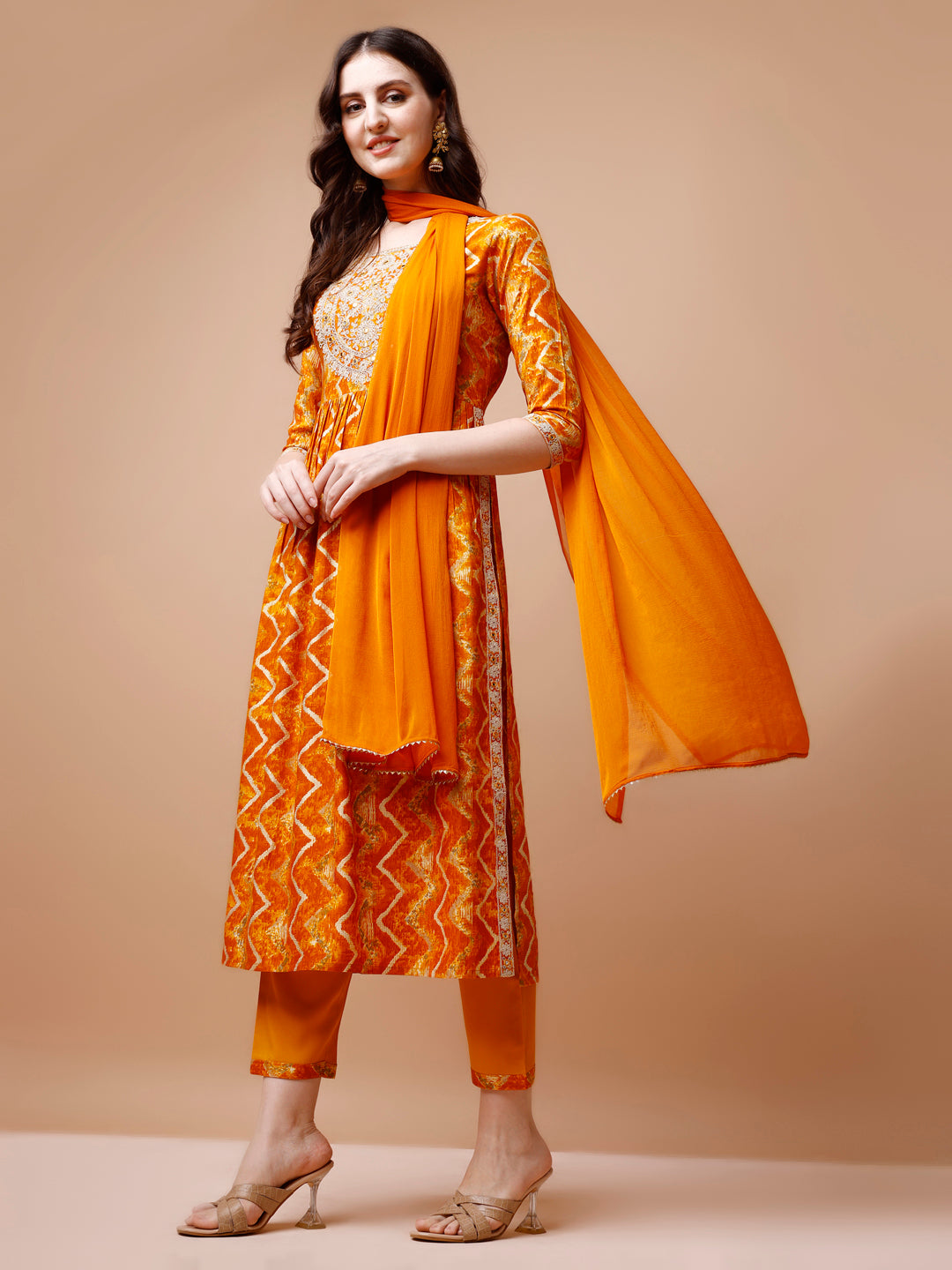 Nyra Cut Embroidered & Chevron Printed Kurta With Pant & Dupatta, Multicolor - Hiral Fashion | Grocsy