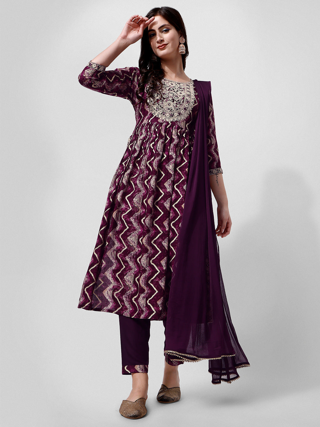 Nayra Cut Printed And Embroidered Kurta With Pant & Dupatta Set, Multicolor - Hiral Fashion | Grocsy