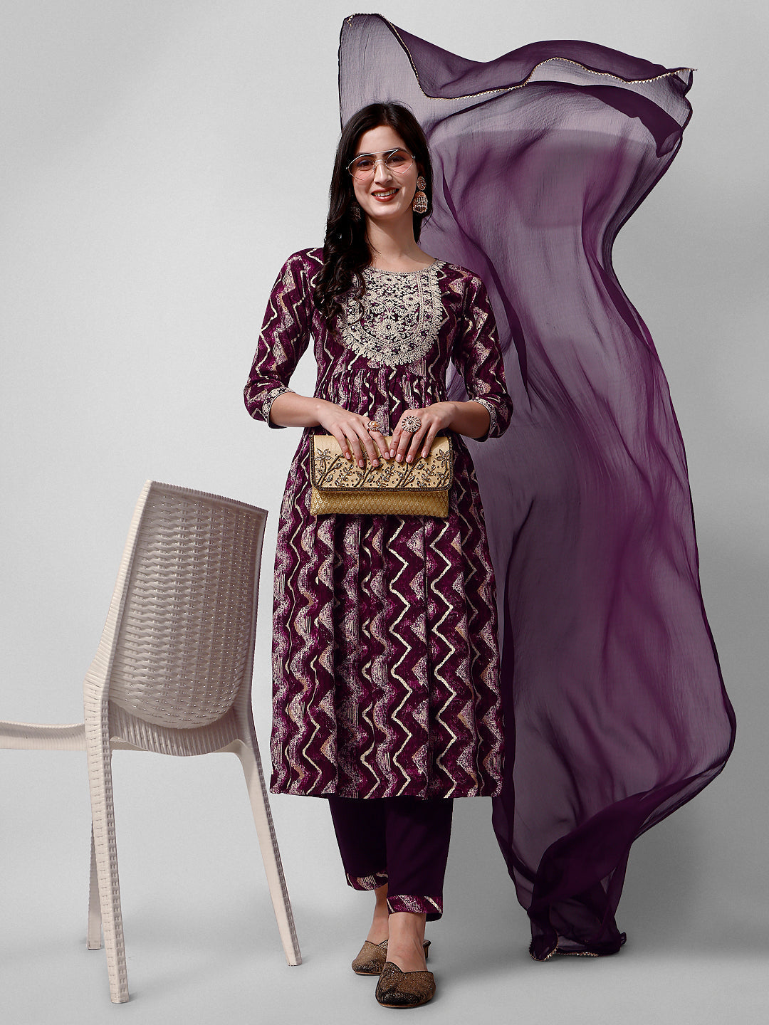 Nayra Cut Printed And Embroidered Kurta With Pant & Dupatta Set, Multicolor - Hiral Fashion | Grocsy