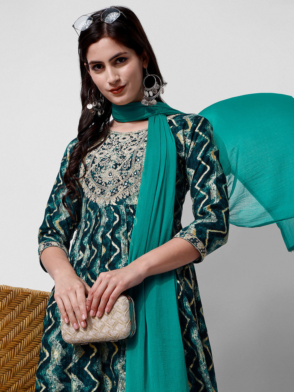 Nayra Cut Printed And Embroidered Kurta With Pant & Dupatta Set, Multicolor - Hiral Fashion | Grocsy