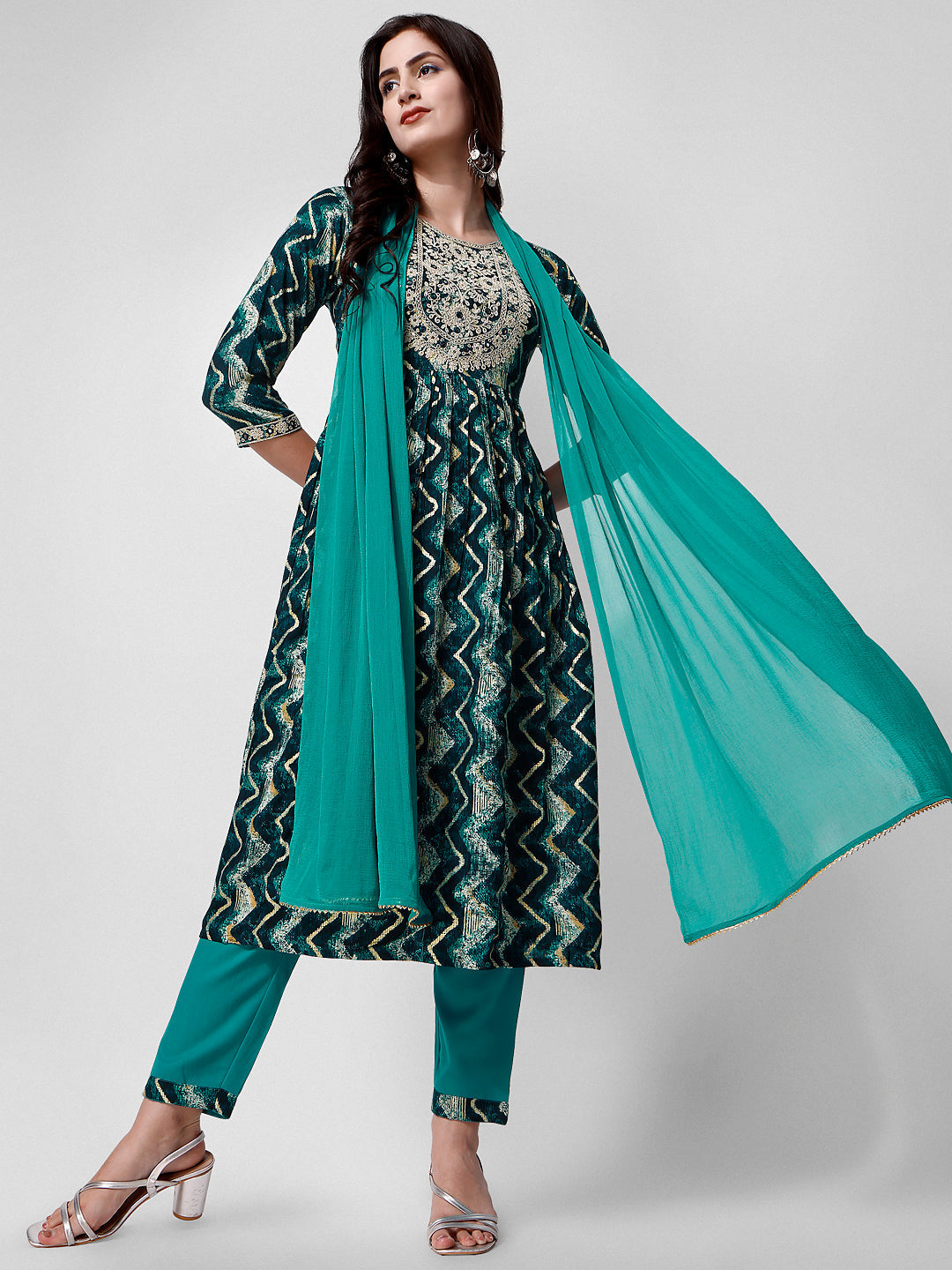 Nayra Cut Printed And Embroidered Kurta With Pant & Dupatta Set, Multicolor - Hiral Fashion | Grocsy