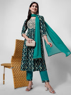 Nayra Cut Printed And Embroidered Kurta With Pant & Dupatta Set, Multicolor - Hiral Fashion | Grocsy