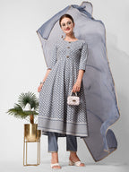 Lucknowi Embroidered Anarkali Kurta With Pant & Dupatta Set, Multicolor - Hiral Fashion | Grocsy