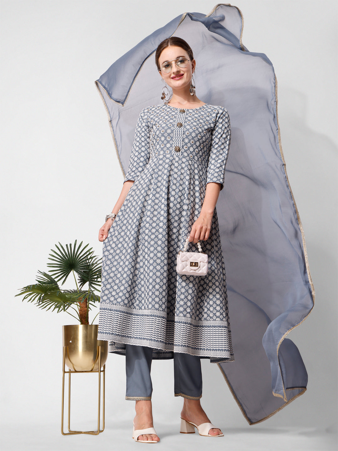 Lucknowi Embroidered Anarkali Kurta With Pant & Dupatta Set, Multicolor - Hiral Fashion | Grocsy