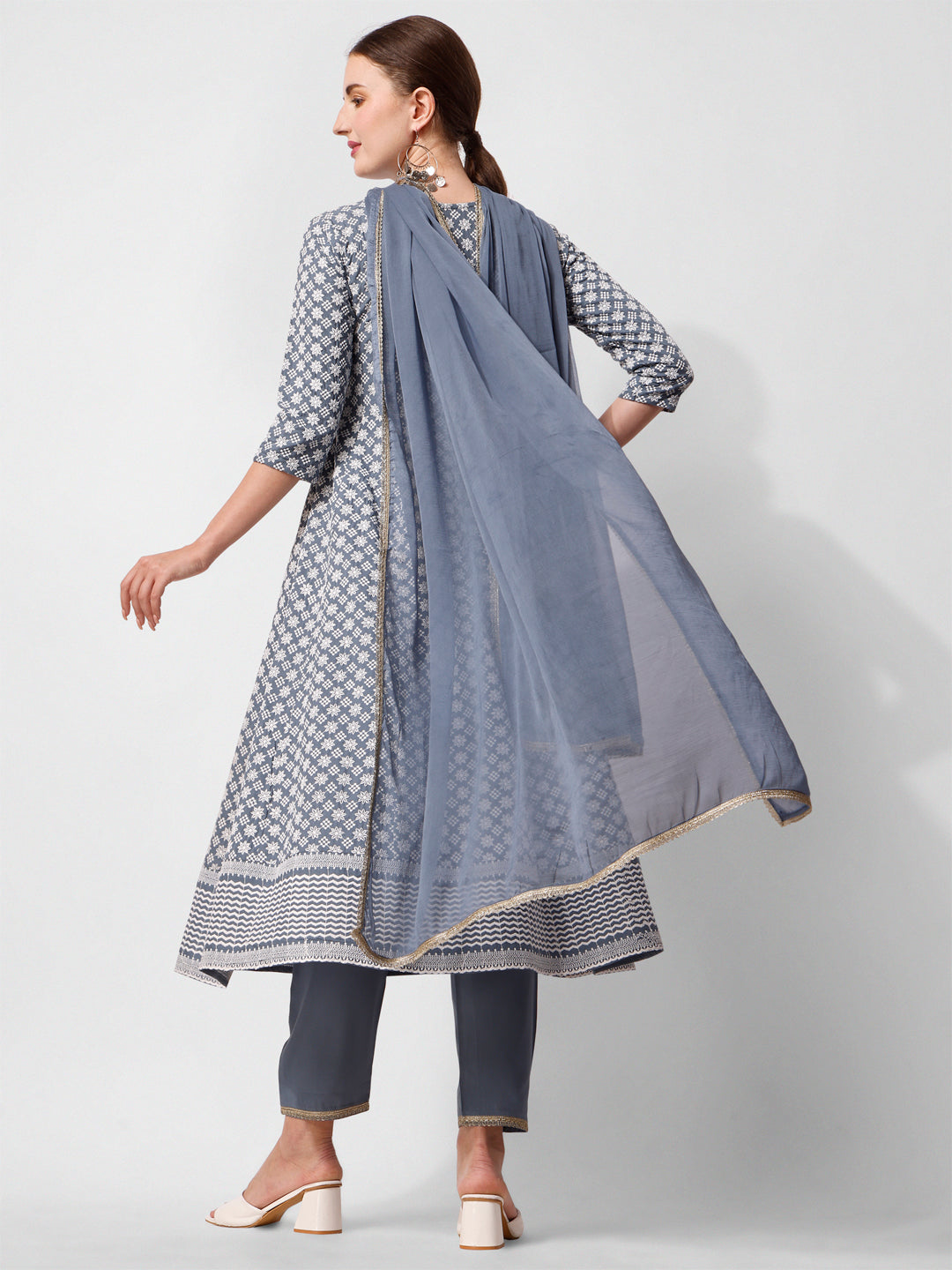 Lucknowi Embroidered Anarkali Kurta With Pant & Dupatta Set, Multicolor - Hiral Fashion | Grocsy