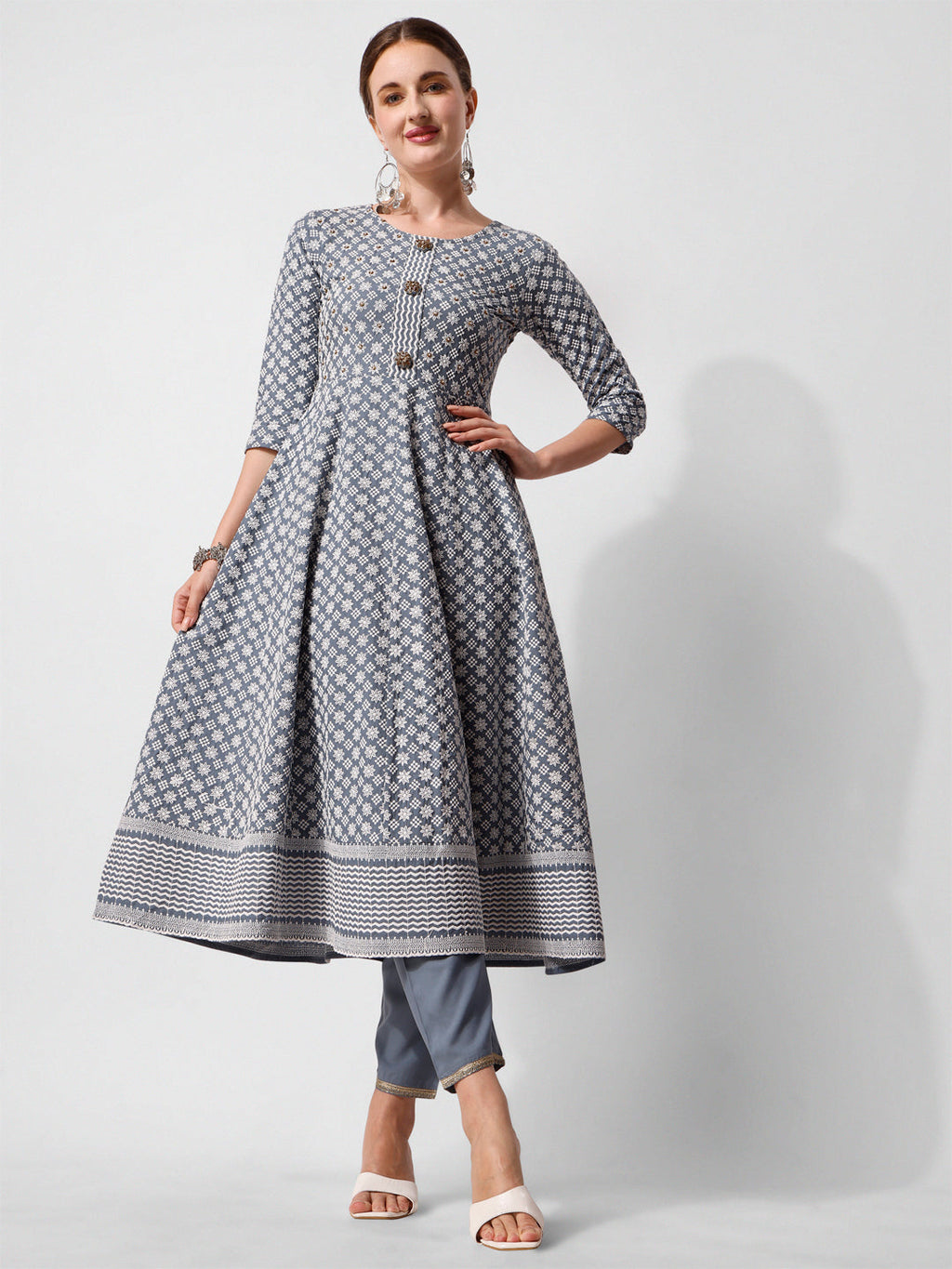 Lucknowi Embroidered Anarkali Kurta With Pant & Dupatta Set, Multicolor - Hiral Fashion | Grocsy