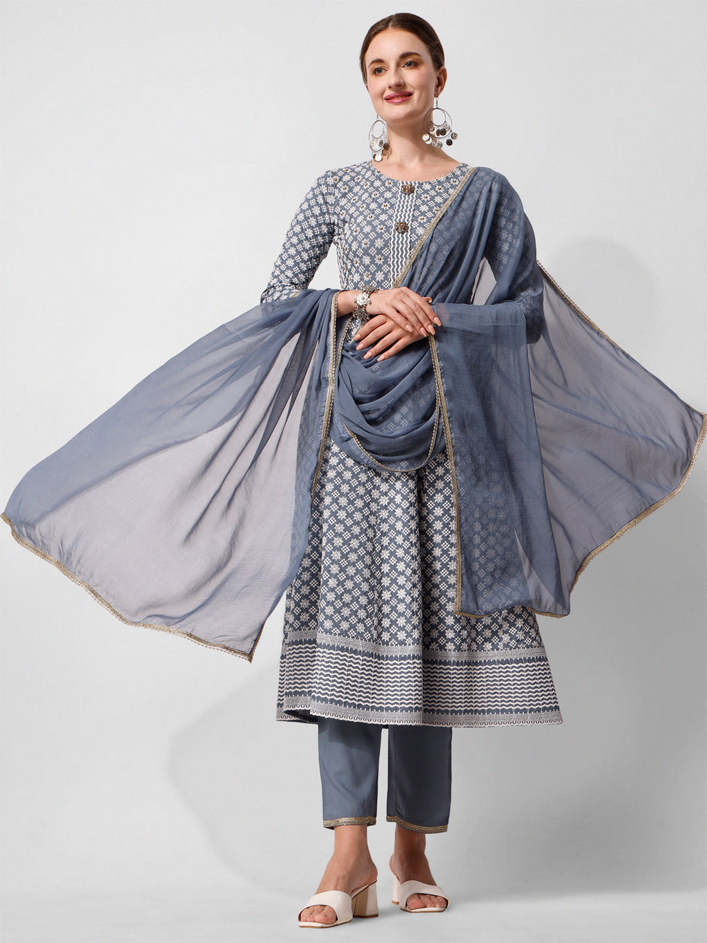 Lucknowi Embroidered Anarkali Kurta With Pant & Dupatta Set, Multicolor - Hiral Fashion | Grocsy
