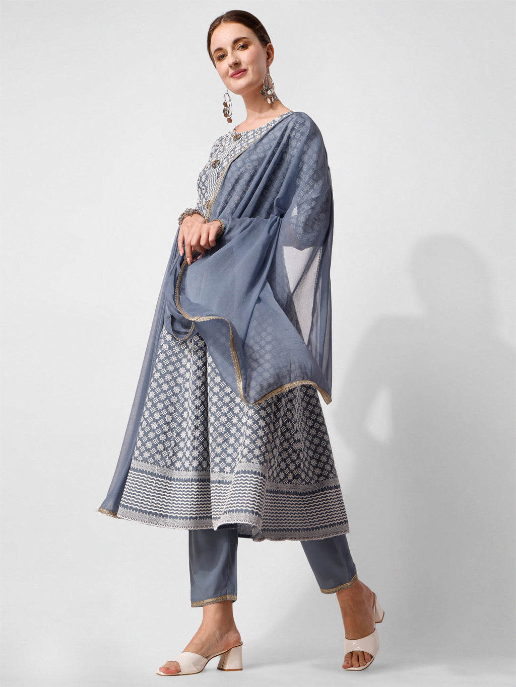 Lucknowi Embroidered Anarkali Kurta With Pant & Dupatta Set, Multicolor - Hiral Fashion | Grocsy