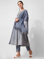 Lucknowi Embroidered Anarkali Kurta With Pant & Dupatta Set, Multicolor - Hiral Fashion | Grocsy