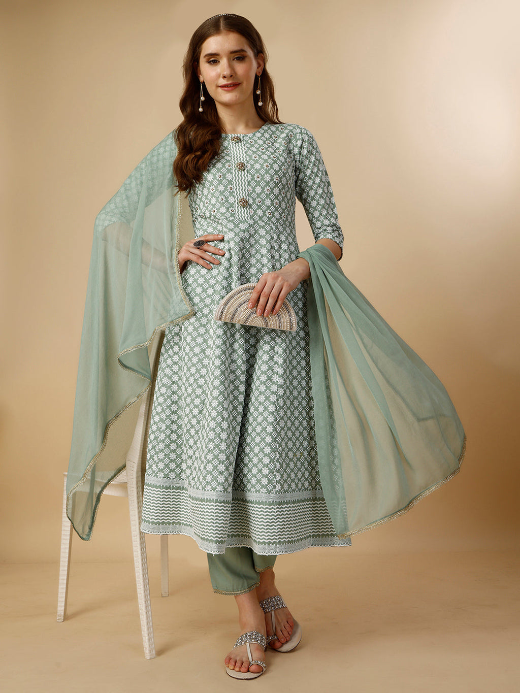 Lucknowi Embroidered Anarkali Kurta With Pant & Dupatta Set, Multicolor - Hiral Fashion | Grocsy