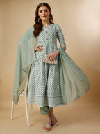 Lucknowi Embroidered Anarkali Kurta With Pant & Dupatta Set, Multicolor - Hiral Fashion | Grocsy