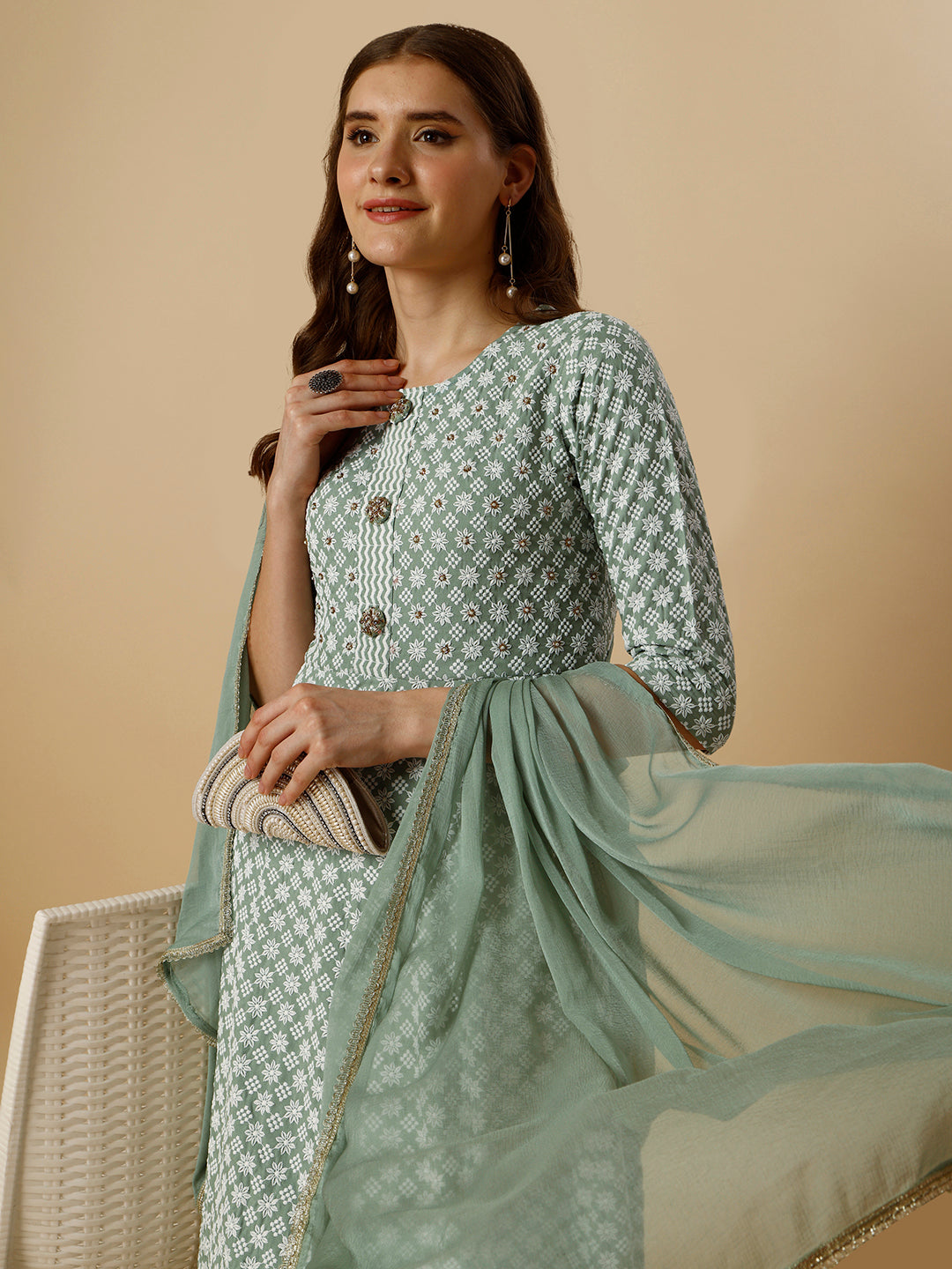 Lucknowi Embroidered Anarkali Kurta With Pant & Dupatta Set, Multicolor - Hiral Fashion | Grocsy
