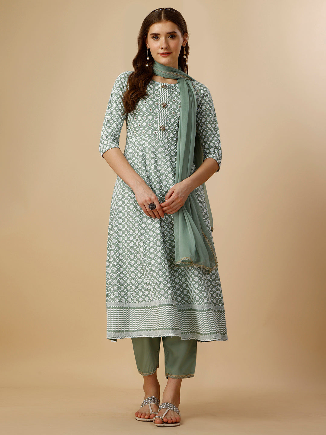 Lucknowi Embroidered Anarkali Kurta With Pant & Dupatta Set, Multicolor - Hiral Fashion | Grocsy