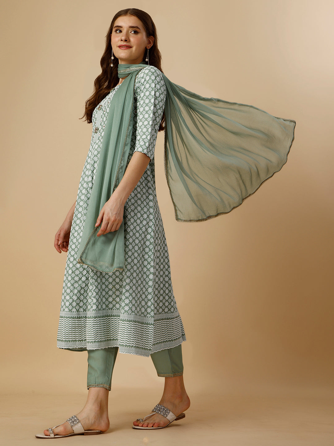 Lucknowi Embroidered Anarkali Kurta With Pant & Dupatta Set, Multicolor - Hiral Fashion | Grocsy