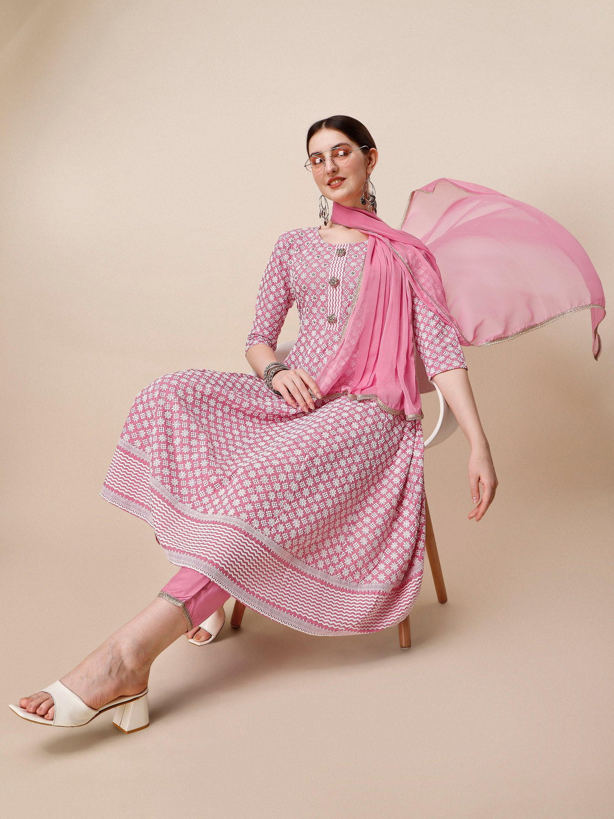 Lucknowi Embroidered Anarkali Kurta With Pant & Dupatta Set, Multicolor - Hiral Fashion | Grocsy