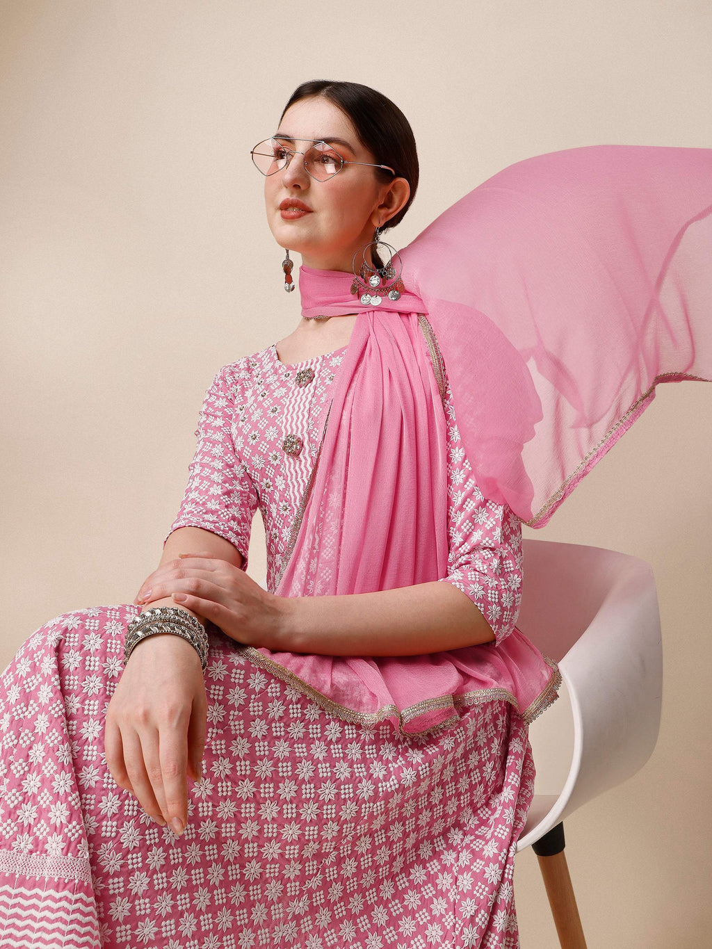 Lucknowi Embroidered Anarkali Kurta With Pant & Dupatta Set, Multicolor - Hiral Fashion | Grocsy