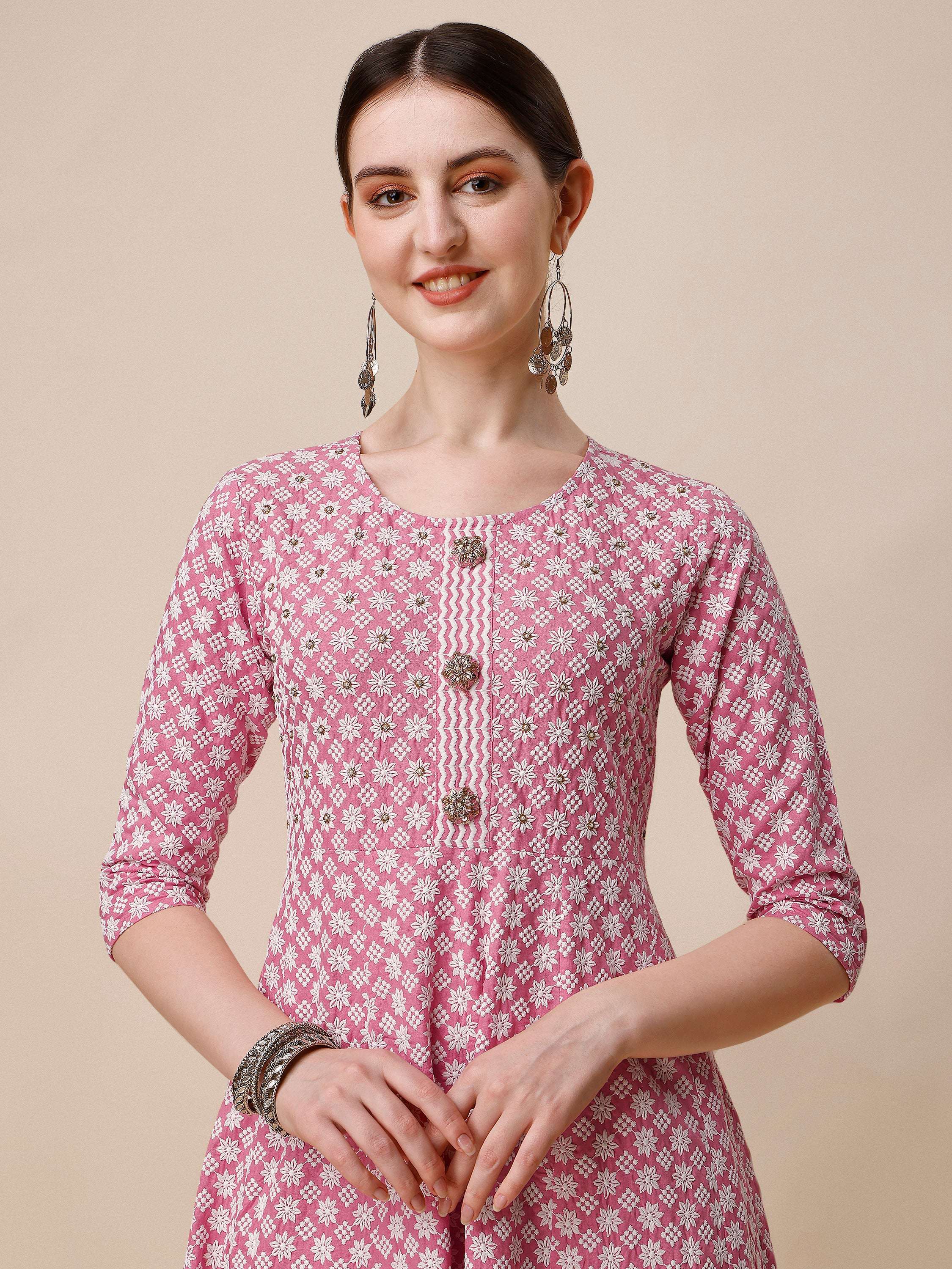 Lucknowi Embroidered Anarkali Kurta With Pant & Dupatta Set, Multicolor - Hiral Fashion | Grocsy