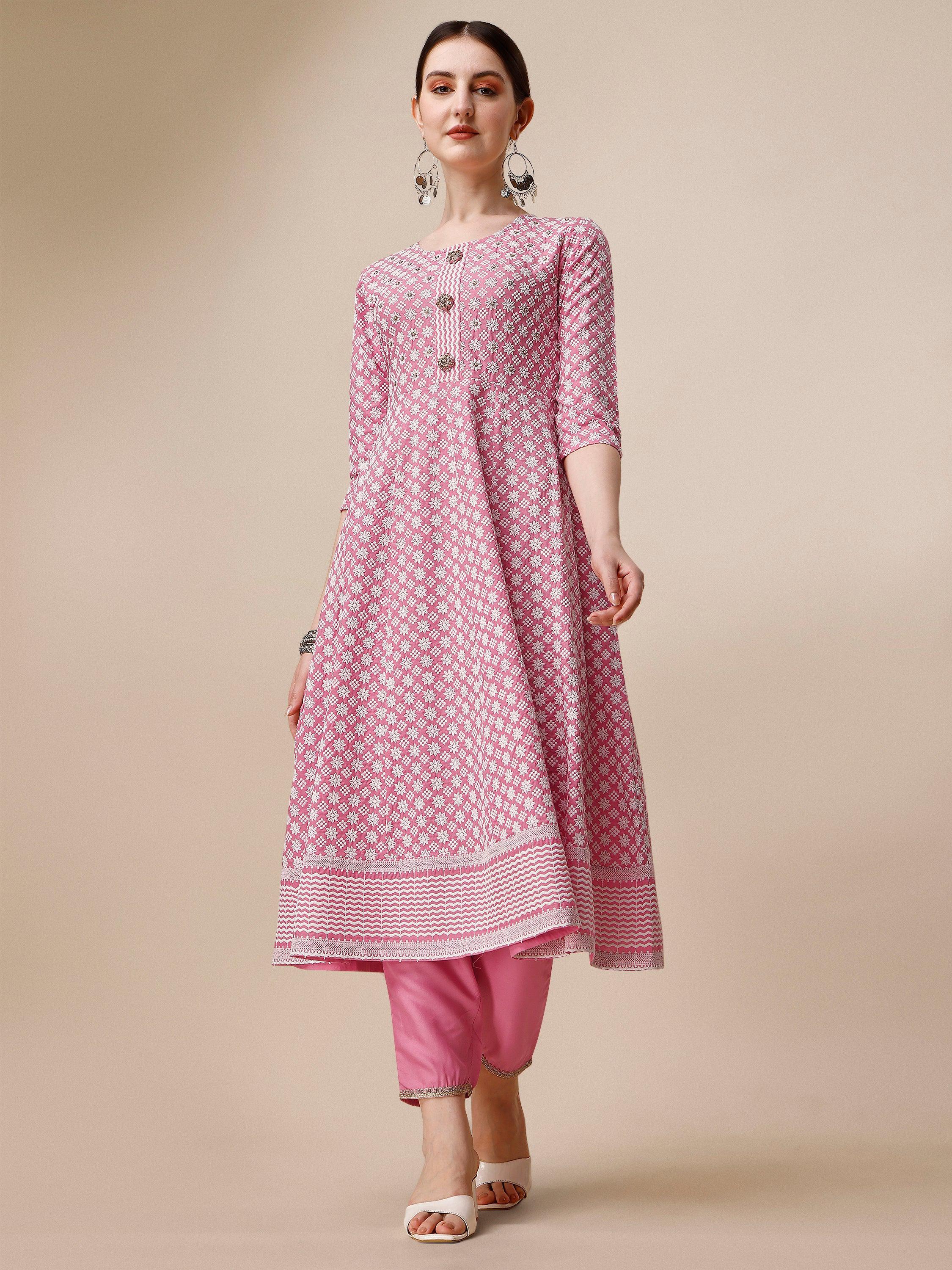 Lucknowi Embroidered Anarkali Kurta With Pant & Dupatta Set, Multicolor - Hiral Fashion | Grocsy