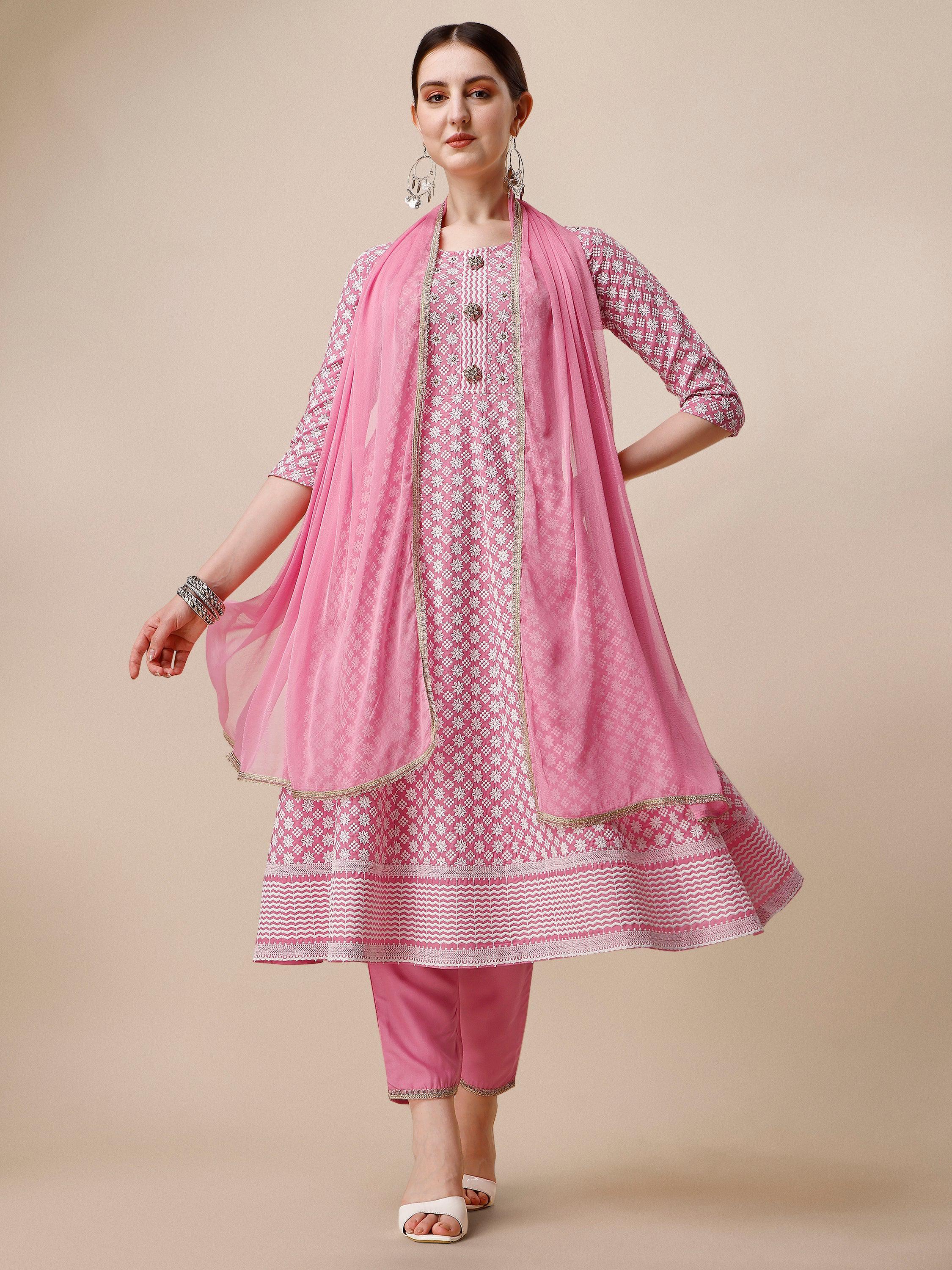 Lucknowi Embroidered Anarkali Kurta With Pant & Dupatta Set, Multicolor - Hiral Fashion | Grocsy