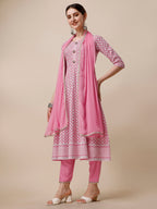 Lucknowi Embroidered Anarkali Kurta With Pant & Dupatta Set, Multicolor - Hiral Fashion | Grocsy