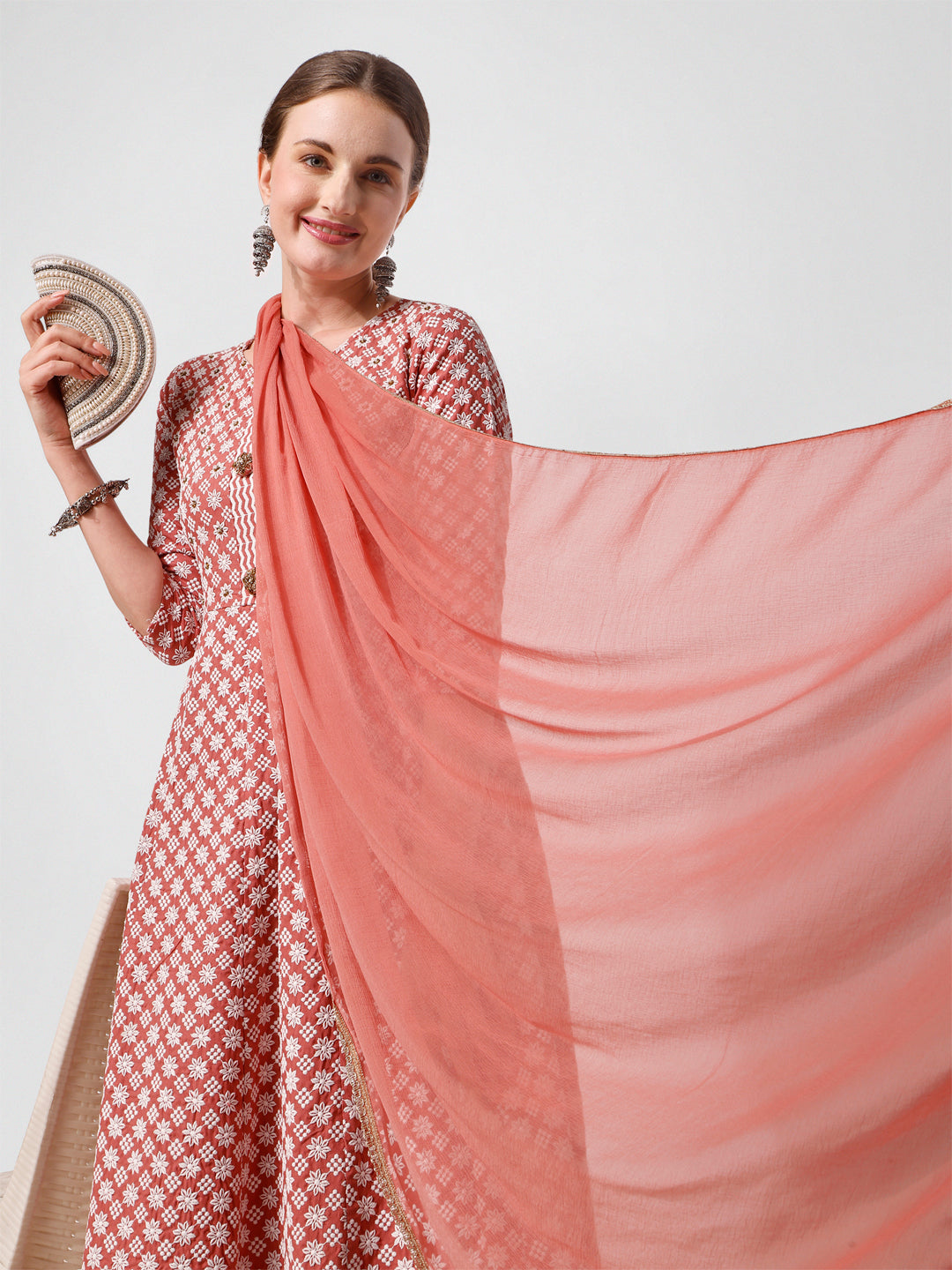 Lucknowi Embroidered Anarkali Kurta With Pant & Dupatta Set, Multicolor - Hiral Fashion | Grocsy