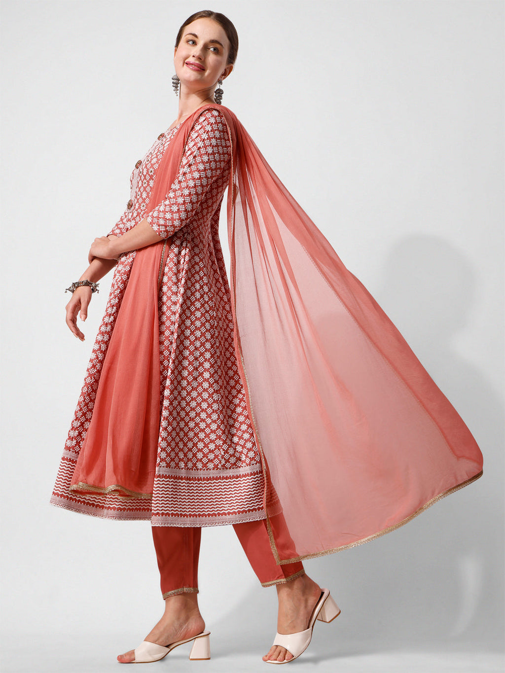 Lucknowi Embroidered Anarkali Kurta With Pant & Dupatta Set, Multicolor - Hiral Fashion | Grocsy