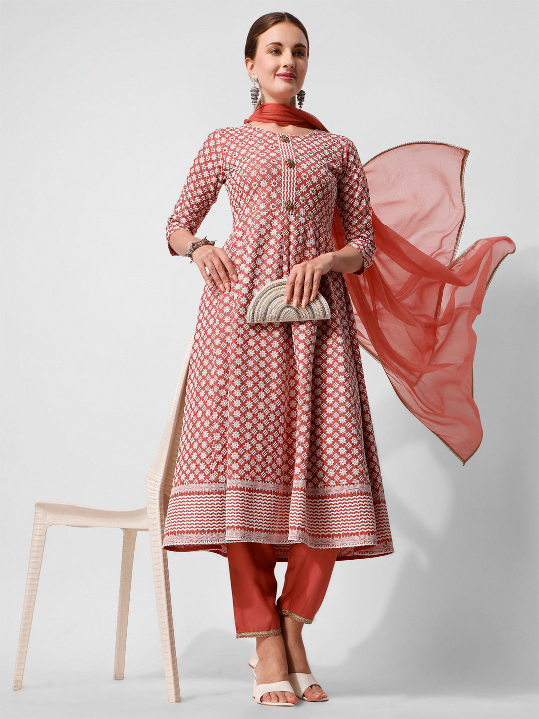 Lucknowi Embroidered Anarkali Kurta With Pant & Dupatta Set, Multicolor - Hiral Fashion | Grocsy