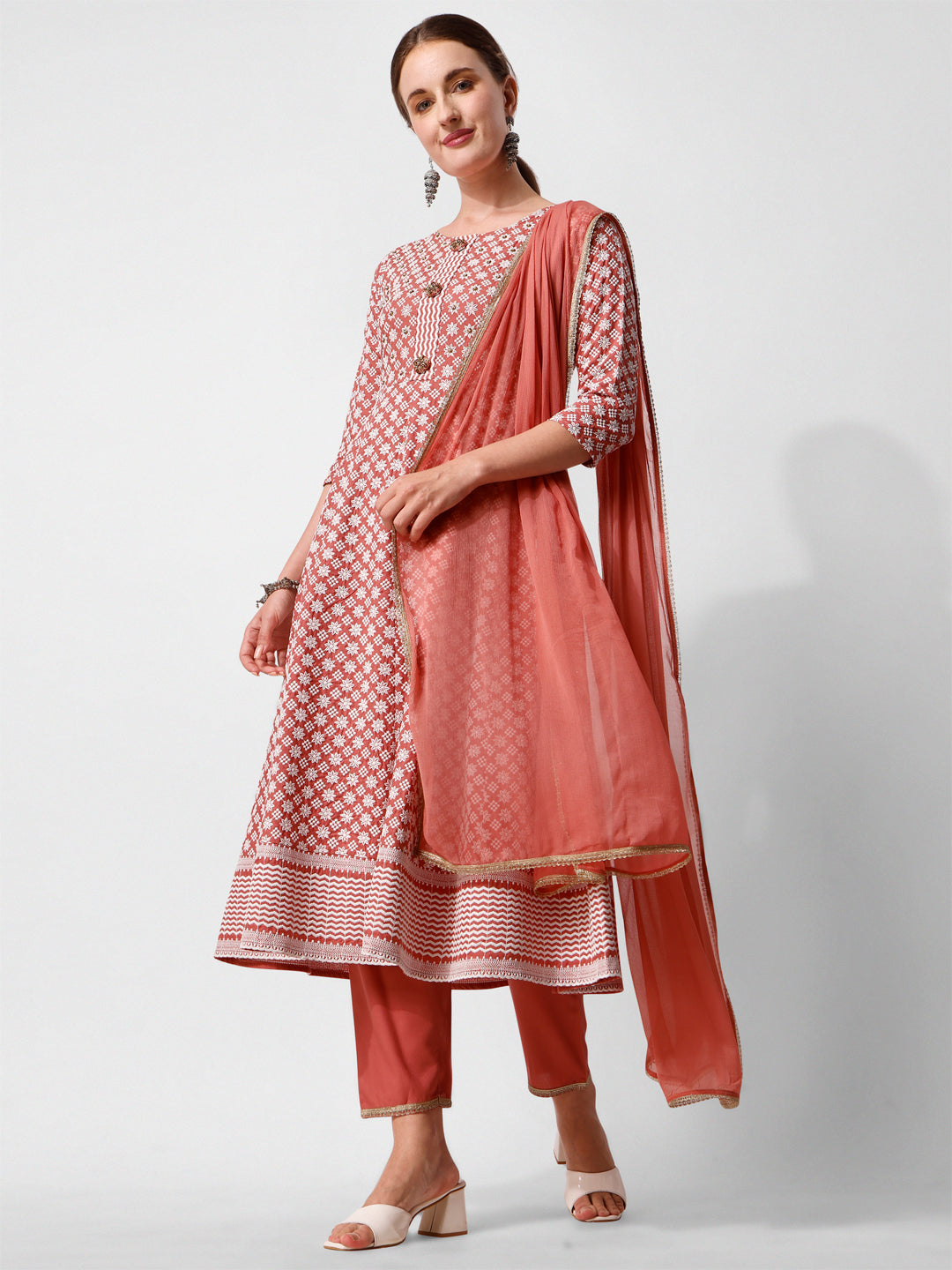 Lucknowi Embroidered Anarkali Kurta With Pant & Dupatta Set, Multicolor - Hiral Fashion | Grocsy
