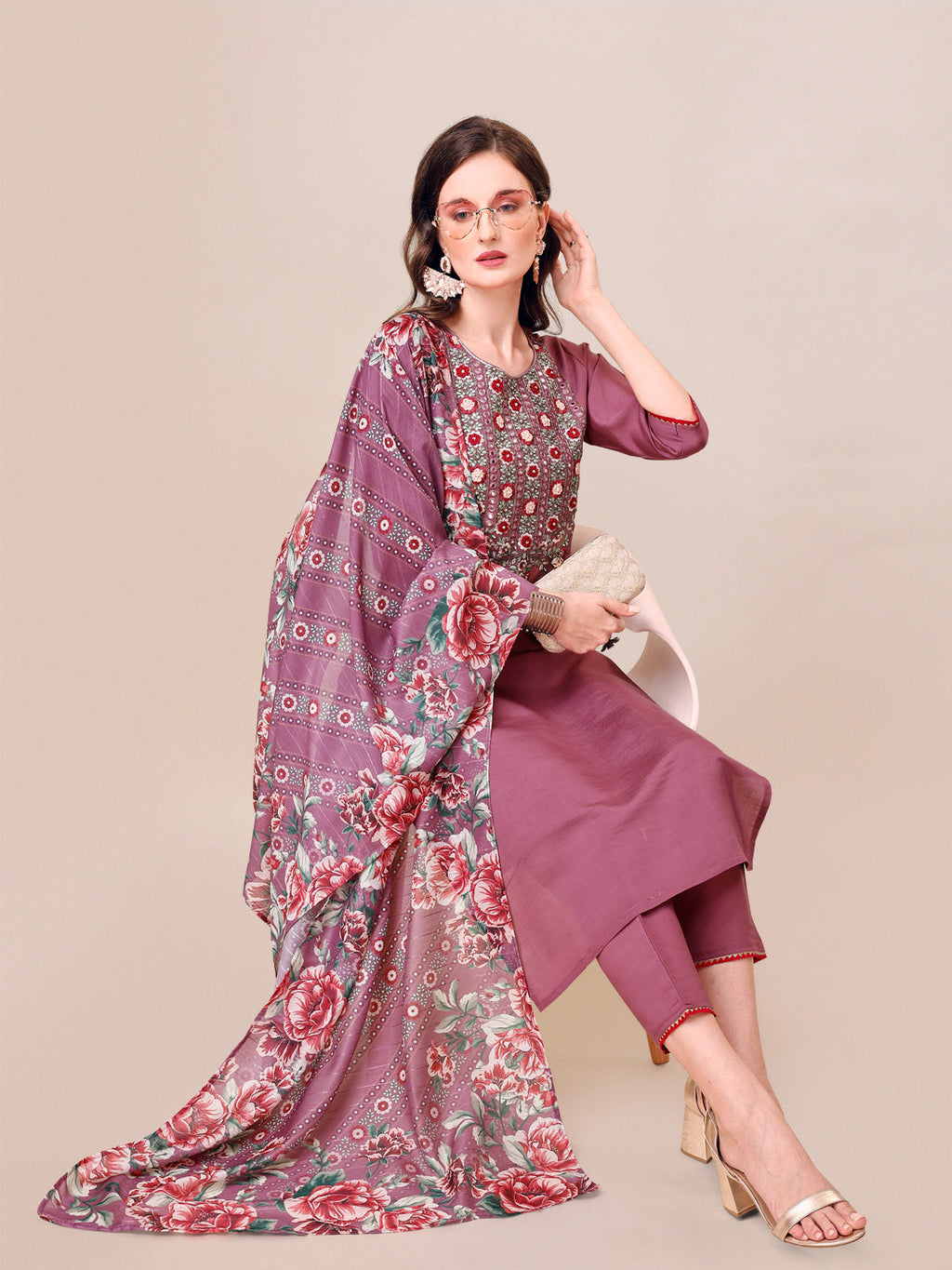 Embroidered Kurta With Pant And Dupatta Set, Multicolor - Hiral Fashion | Grocsy