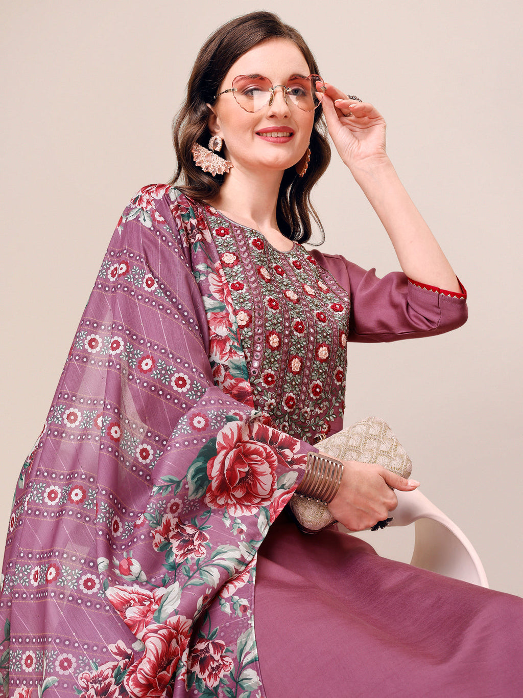 Embroidered Kurta With Pant And Dupatta Set, Multicolor - Hiral Fashion | Grocsy