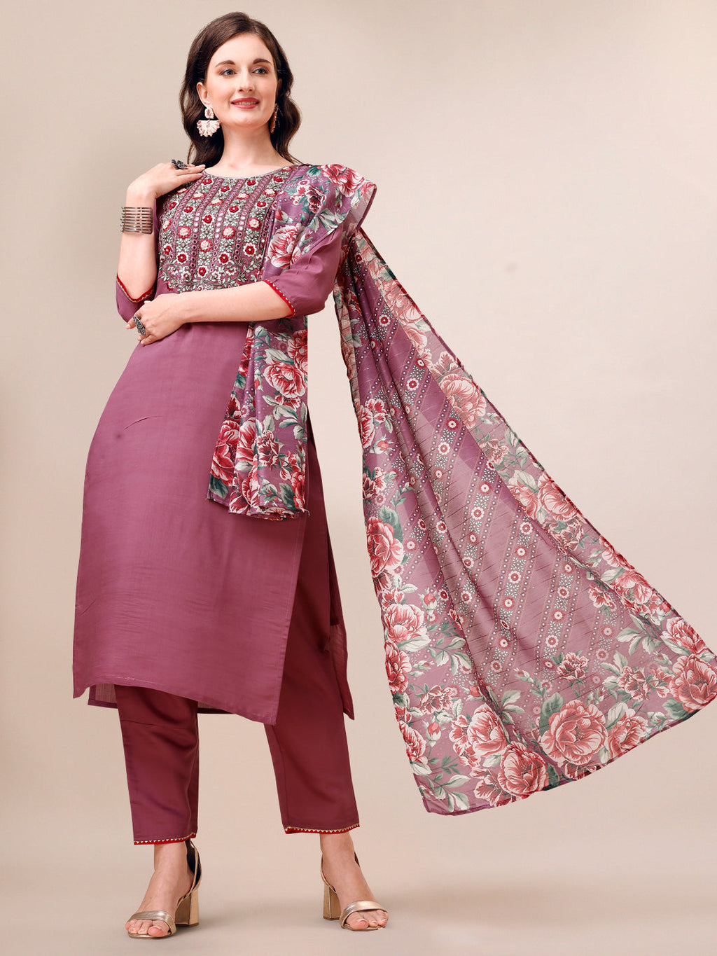 Embroidered Kurta With Pant And Dupatta Set, Multicolor - Hiral Fashion | Grocsy