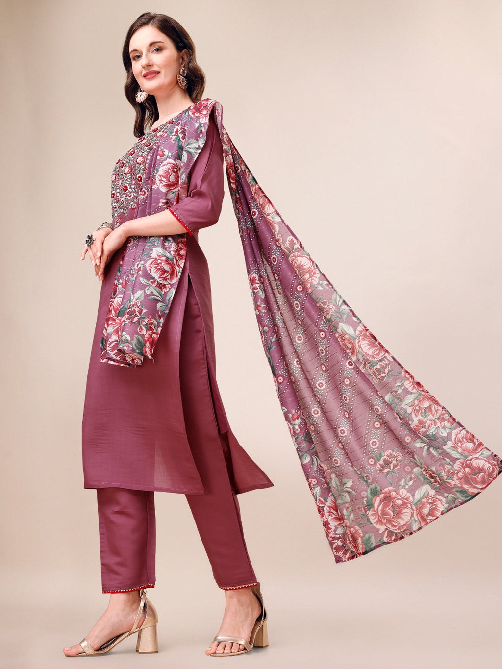 Embroidered Kurta With Pant And Dupatta Set, Multicolor - Hiral Fashion | Grocsy