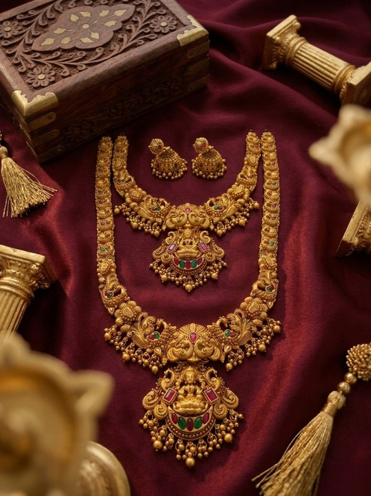Jewel City Handcrafted Lakshmi Temple Jewellery Set - Traditional Gold-Plated Long & Short Necklace with Jhumkas | Grocsy