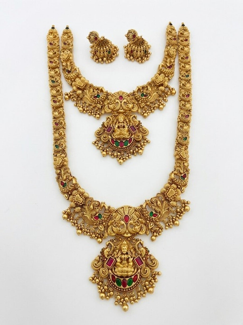 Jewel City Handcrafted Lakshmi Temple Jewellery Set - Traditional Gold-Plated Long & Short Necklace with Jhumkas | Grocsy