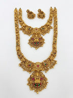 Jewel City Handcrafted Lakshmi Temple Jewellery Set - Traditional Gold-Plated Long & Short Necklace with Jhumkas | Grocsy