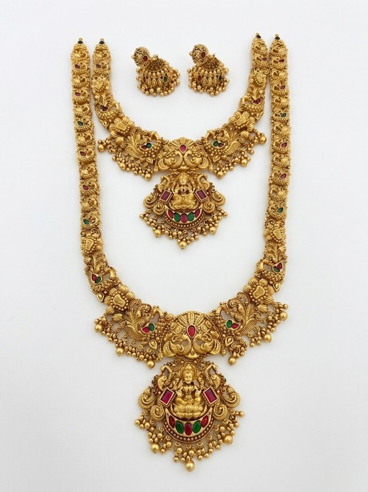 Jewel City Handcrafted Lakshmi Temple Jewellery Set - Traditional Gold-Plated Long & Short Necklace with Jhumkas | Grocsy