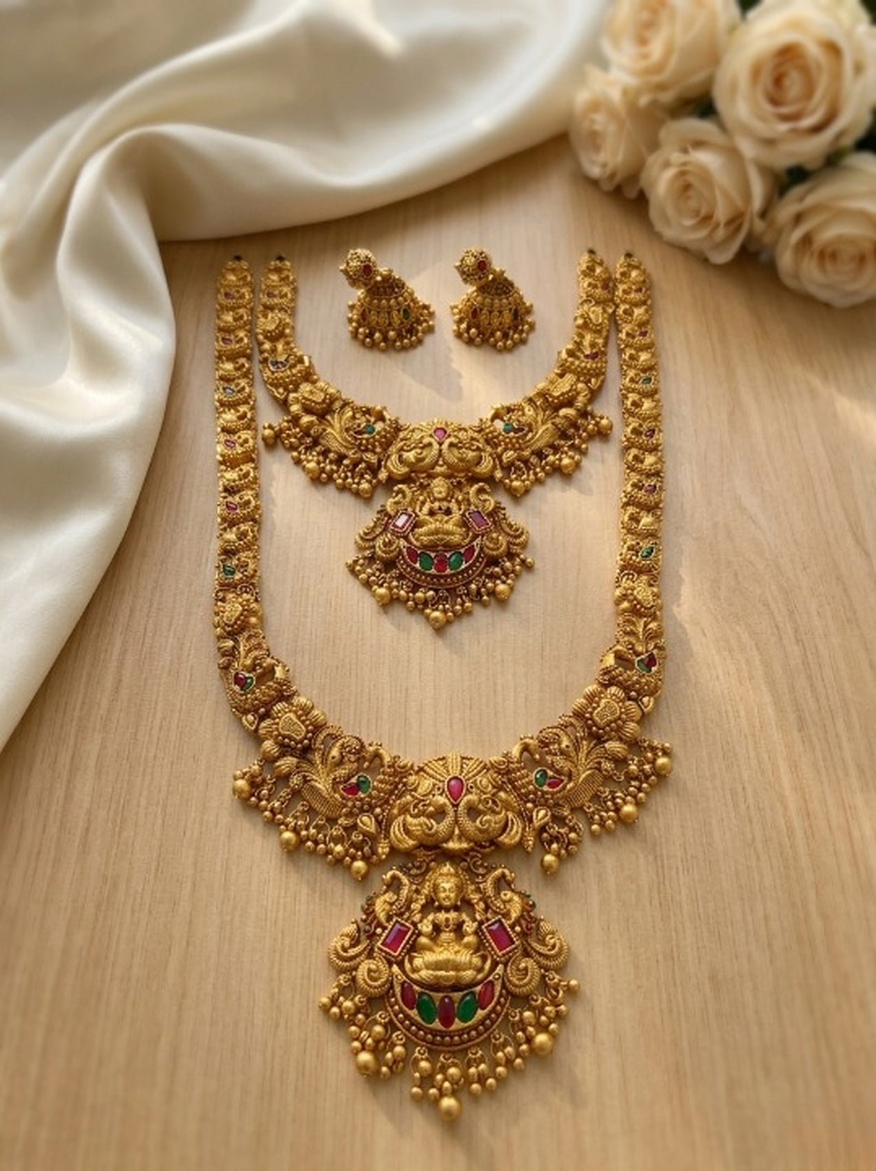 Jewel City Handcrafted Lakshmi Temple Jewellery Set - Traditional Gold-Plated Long & Short Necklace with Jhumkas | Grocsy
