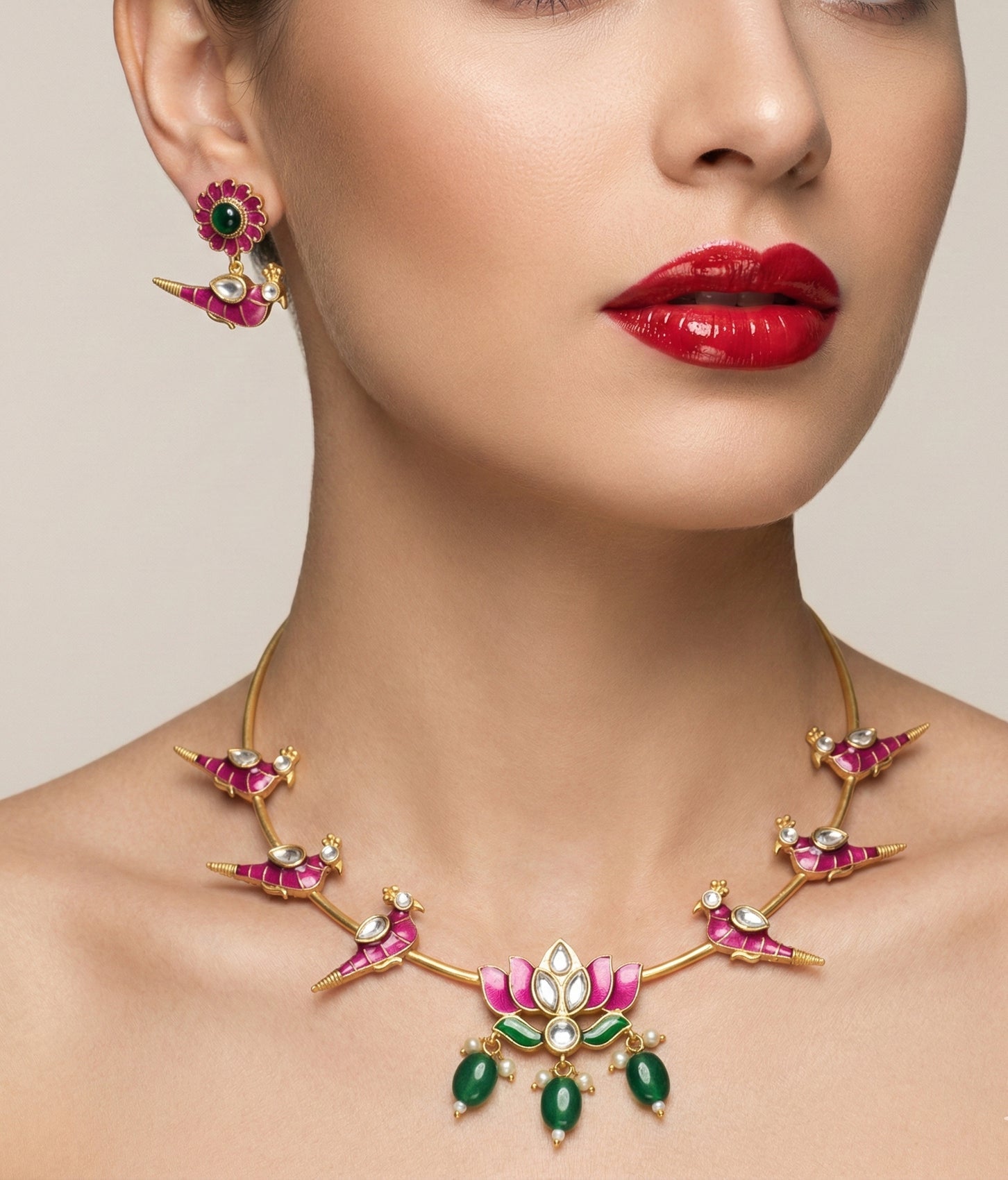Jewel City Stunning Gold-Plated Meenakari Parrot And Lotus Necklace Set | Grocsy